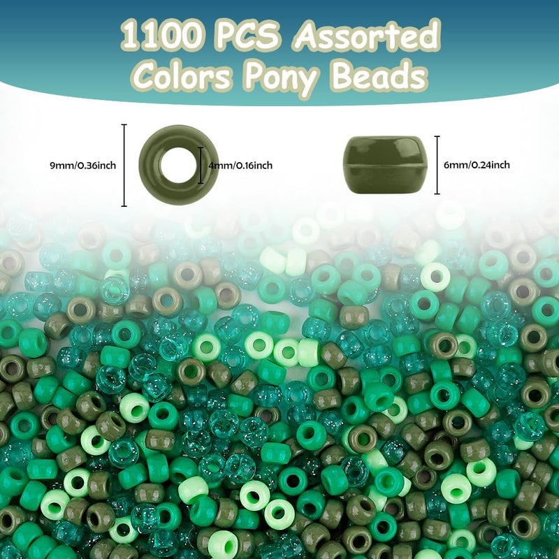 anpiwshjo Pony Beads 1100 Pcs, Beads for Jewelry Making, Beads for Bracelets Making, Hair Beads, Bracelet Beads, Plastic Beads for Crafts, Hair Beads for Braids for Girls (Green Color Scheme) - Image 1